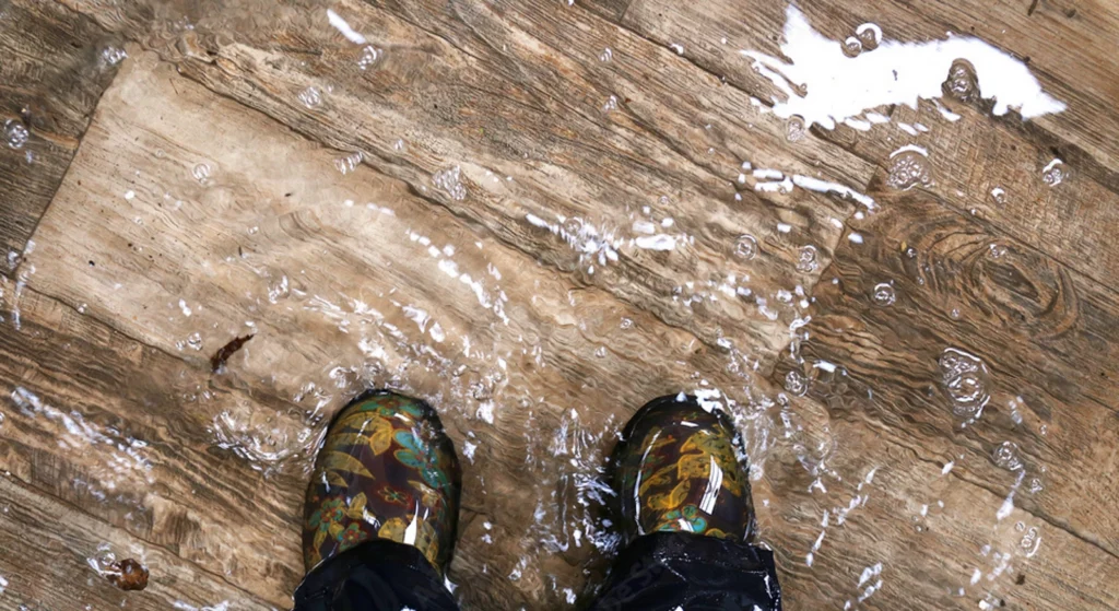 Flood in basement, water covering shoes