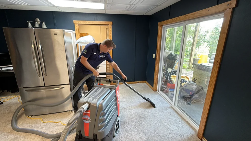 David King of First In Restoration extracting water from a residential property after water damage.